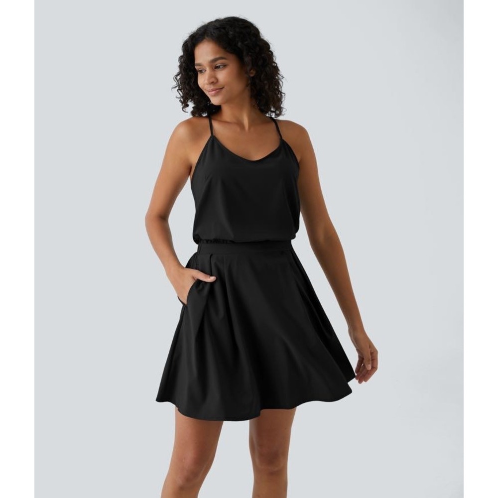 NWT Halara Breezeful Cut Out Pocket Pleated Mini Quick Dry Casual Dress Black XS